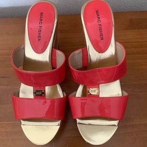 New Without Box. Marc Fisher Cork Wedge Size 8 1/2 Salmon Patent Leather.